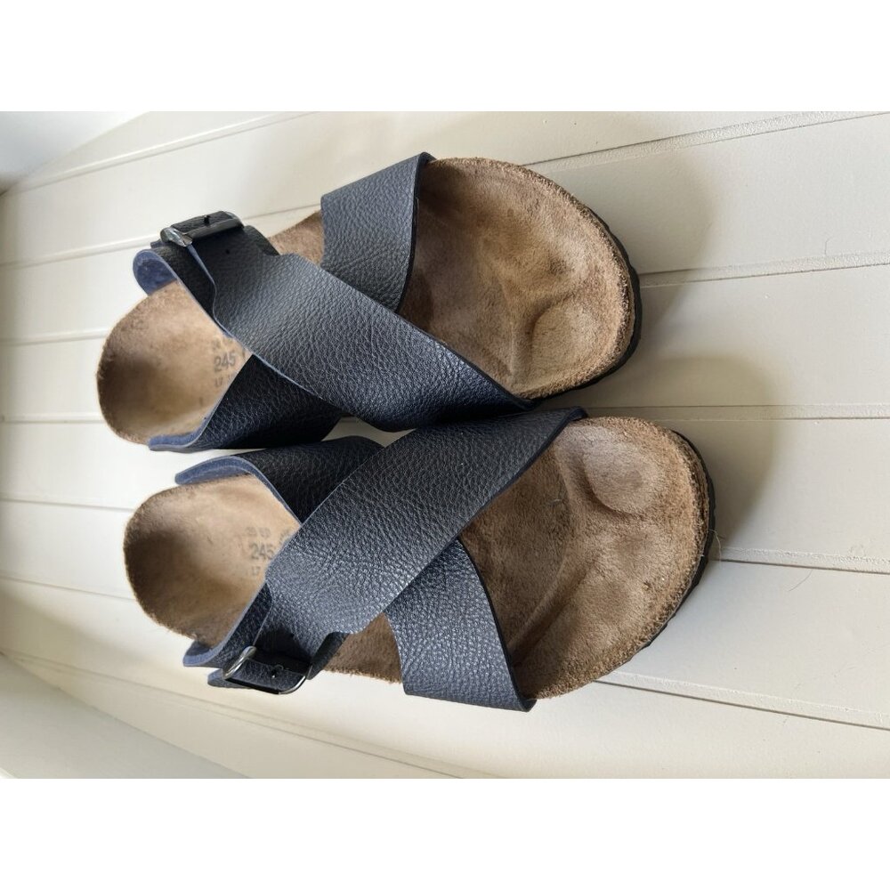 Birkis Birkenstock Womens Size 38 Womens 7 Mens 5 Blue Criss Cross Slide Sandals - Picture 3 of 12